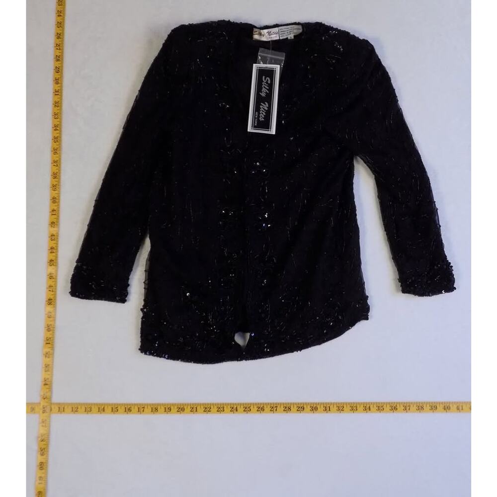 NWT NEW Silky Nites 100% Silk‎ Beaded Sequin Black Floral Blouse 90s Vintage